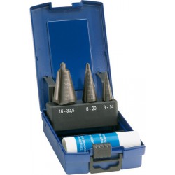 Jeu de forets perce-tôle de précision (foret à coupe progressive), acier à coupe rapide, revêtement traité à la vapeur, Capacité de perçage : 3-30,5 mm